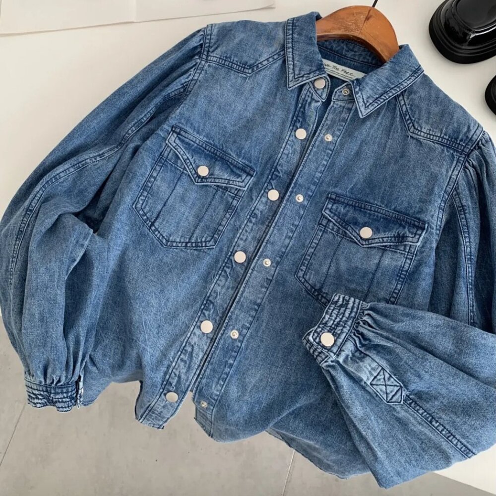 NWOT We The Free With Love Denim Puff Long Sleeve Top Indigo M L XL